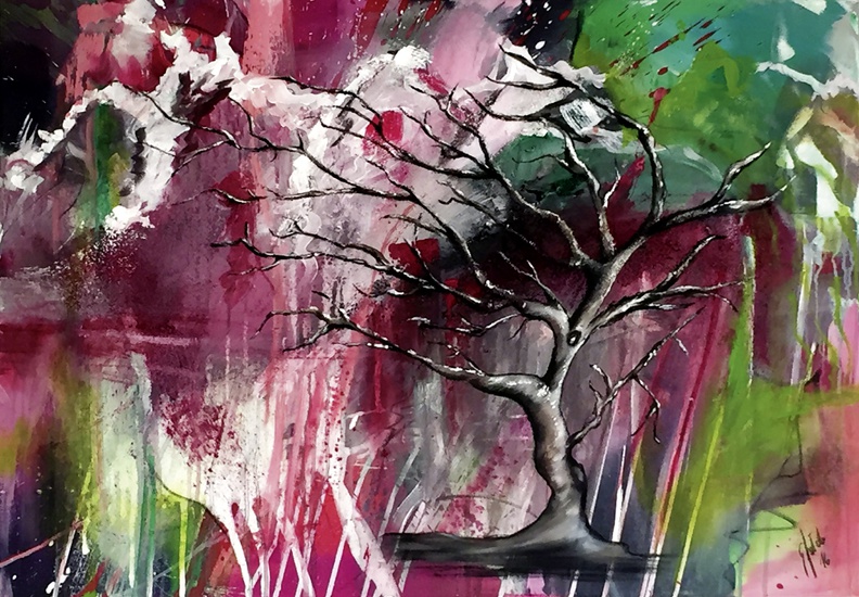 Göldi Eveline ·  „Zauberhafter Märchenbaum im Widerstand“ · Acryl und Oel auf Leinwand · 100 x 70 cm · 2016.jpg