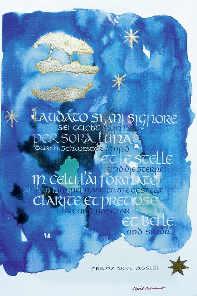 Goldschmidt Sigrid · „Text aus dem Sonnengesang des Franz von Assisi “ Aquarellhintergrund, Gouachefarben, Weiß- und Blattgold · 210 x 297 cm · 2008.jpg