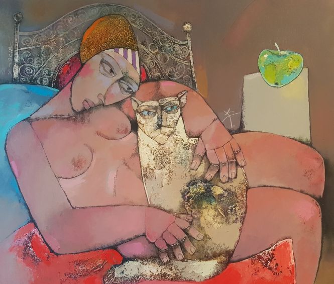Todorov Krastyo - Frau mit Katze, 60x70 cm.jpg